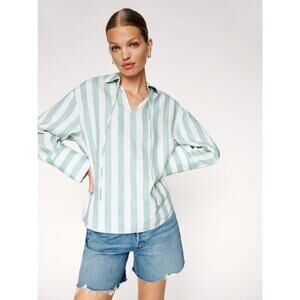 REFORMATION Gabriel Oversized Linen Shirt Blue White Stripe Collared Top | Small